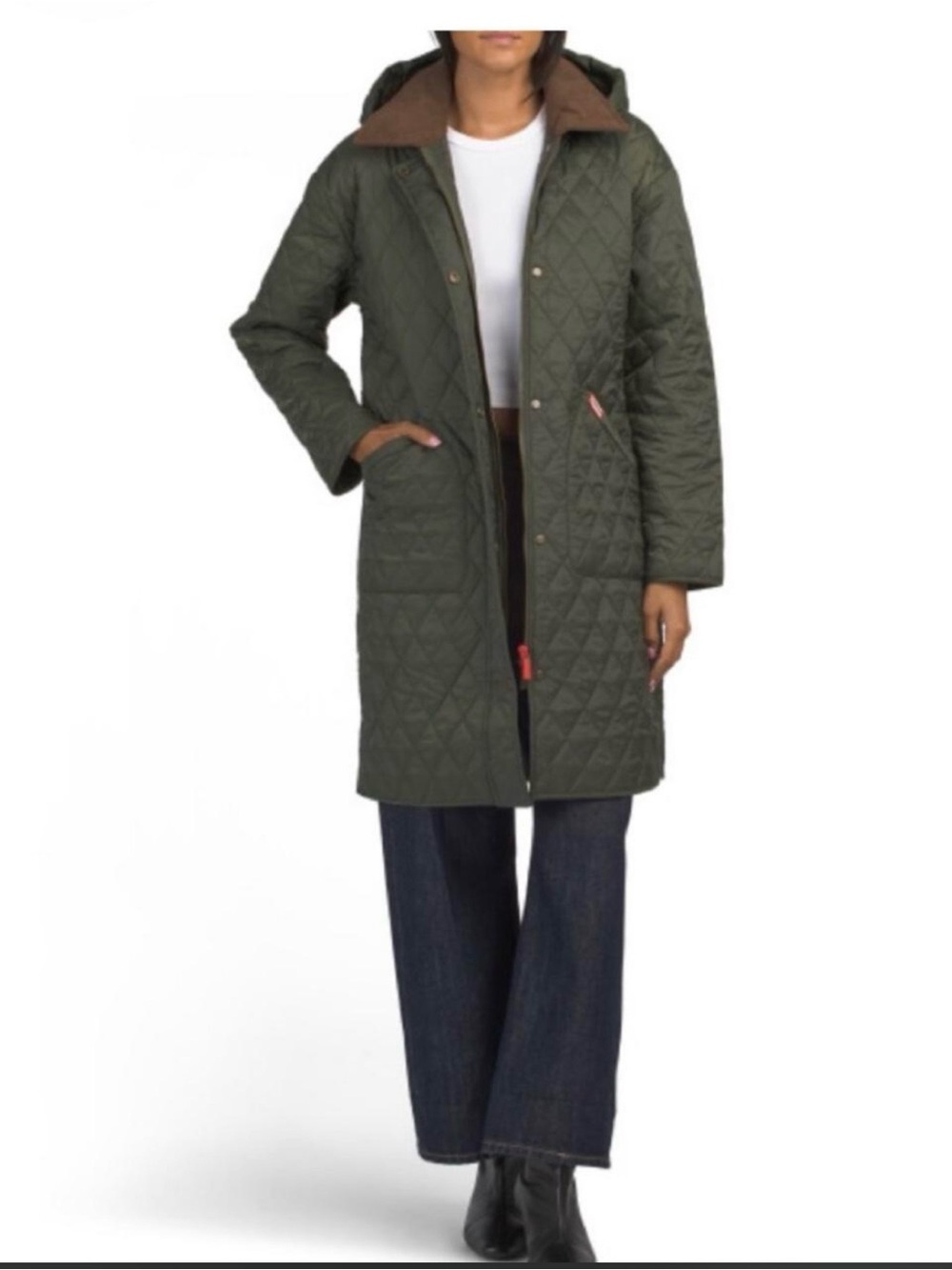NWT Hunter Green Long Quilted Hooded Jacket with Brown Corduroy Collar
